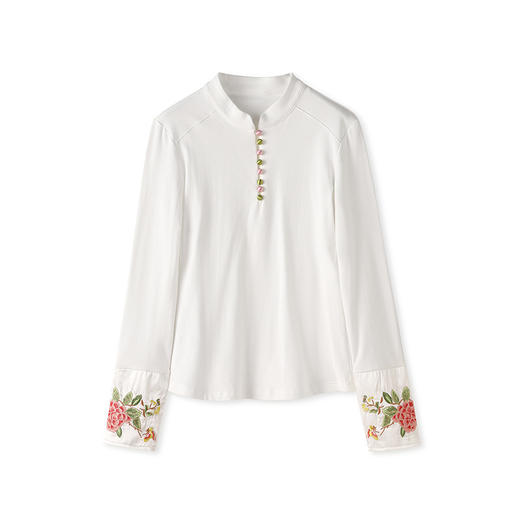 国风重工品质刺绣百搭修身T恤，女装时髦立领打底休闲上衣WLZD-2325503 商品图4