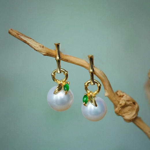 龢盒原创 清竹18k金翡翠珍珠耳坠耳环 商品图0