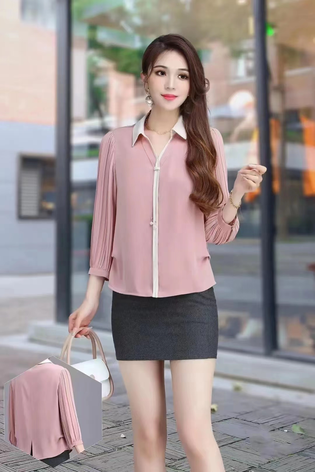 C6373        法式气质通勤百褶袖拼接V领长袖上衣