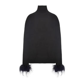 黑色高领可拆式鸵鸟毛袖口修身羊毛针织衣