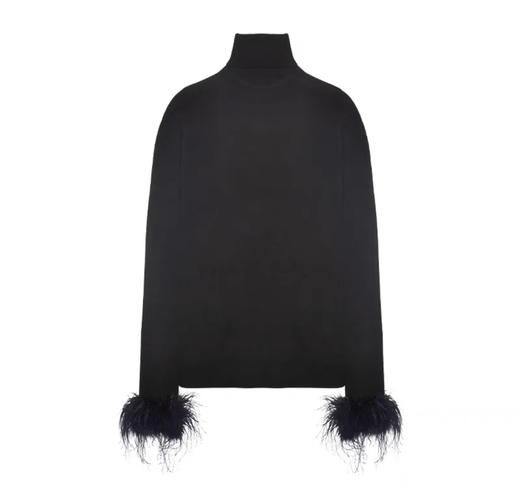 黑色高领可拆式鸵鸟毛袖口修身羊毛针织衣 商品图0