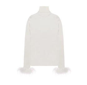 米色高领可拆式鸵鸟毛袖口修身羊毛针织衣