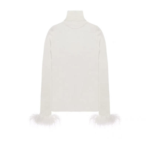 米色高领可拆式鸵鸟毛袖口修身羊毛针织衣 商品图0