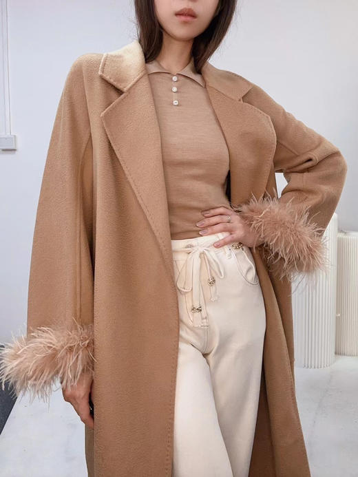 鸵鸟毛袖口咖啡色双面毛呢系带大衣外套 商品图1