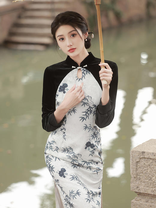 新款花罗旗袍连衣裙，中长款水滴领双层改良旗袍GR5063 商品图2