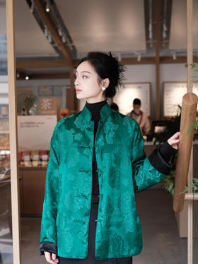 微瑕秒杀| 盛唐牡丹 |祖母绿石榴花对襟外套正反两穿 (不夹棉）[特价品](特殊商品不退不换)