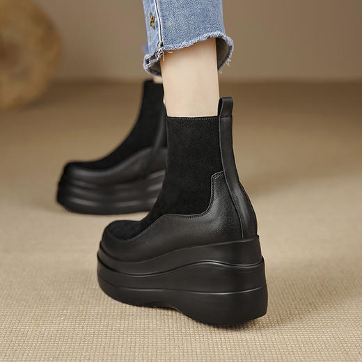 简约舒适，高跟防水台真皮拼接靴子MQE-G82-5 商品图1