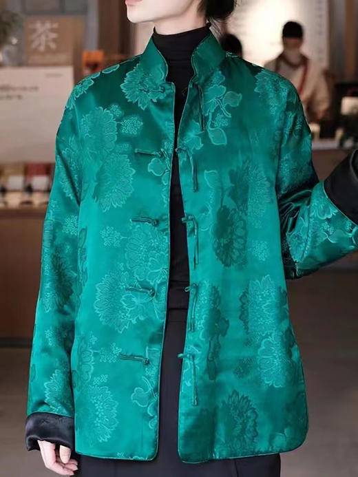微瑕秒杀| 盛唐牡丹 |祖母绿石榴花对襟外套正反两穿 (不夹棉）[特价品](特殊商品不退不换) 商品图1