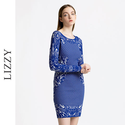 LIZZY秋季时尚印花图案圆领紧身包臀针织连衣裙打底裙5963 商品图2