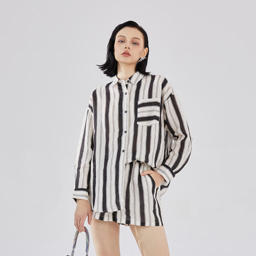 谜底衬衣套装女2023秋新款时尚条纹分袖衬衫+直筒短裤233MTZ0012 商品图0