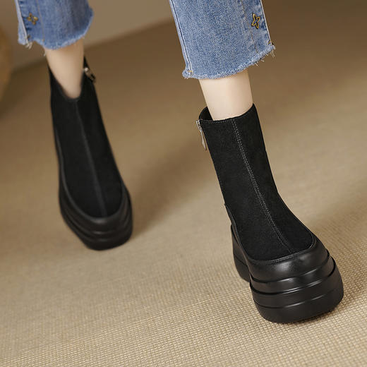 简约舒适，高跟防水台真皮拼接靴子MQE-G82-5 商品图2