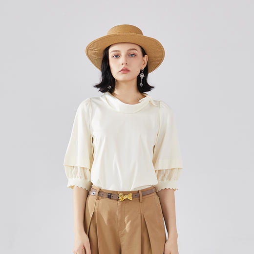 谜底拼接感T恤分袖女2023秋季新款时尚设计感系带领上衣233MT0001 商品图0