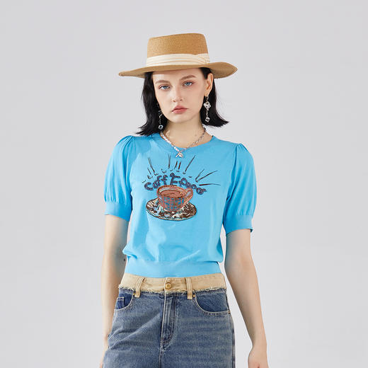 谜底圆领针织衫短袖女2023秋款文艺风绣花百搭短款上衣233MZ1260 商品图0