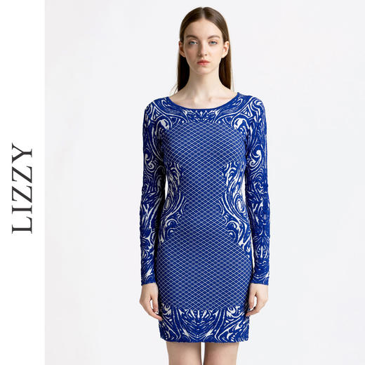 LIZZY秋季时尚印花图案圆领紧身包臀针织连衣裙打底裙5963 商品图0