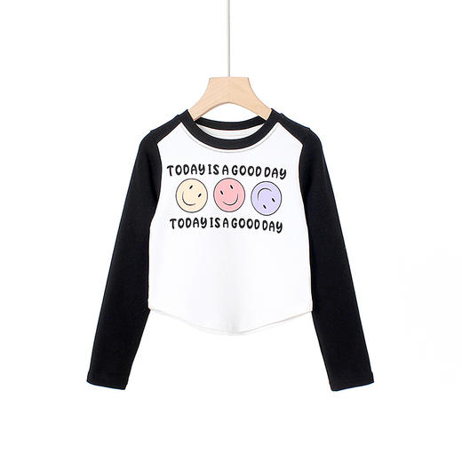 「三款配色」秋冬季新款潮范女童长袖T恤 中大童撞色短款保暖上衣儿童打底衫童装 商品图2