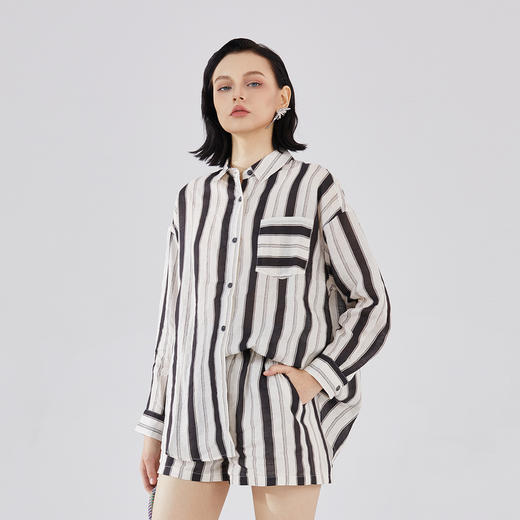 谜底衬衣套装女2023秋新款时尚条纹分袖衬衫+直筒短裤233MTZ0012 商品图1