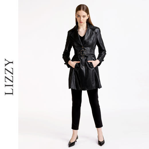 LIZZY优季帅气光泽感面料双层领收腰配腰带时尚OL长袖风衣外套女4522 商品图1