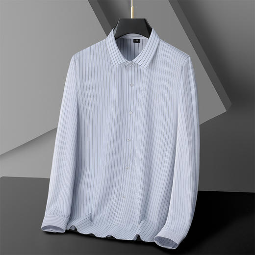 【超大码】【新款DM】大依优型高弹竖条纹封口长袖衬衫男宽松加肥加大码男士休闲商务衬衣上衣胖子 商品图1