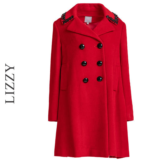 LIZZY优雅手工钉珠双排扣宽松羊毛混纺中长款大衣外套秋冬女3551 商品图4