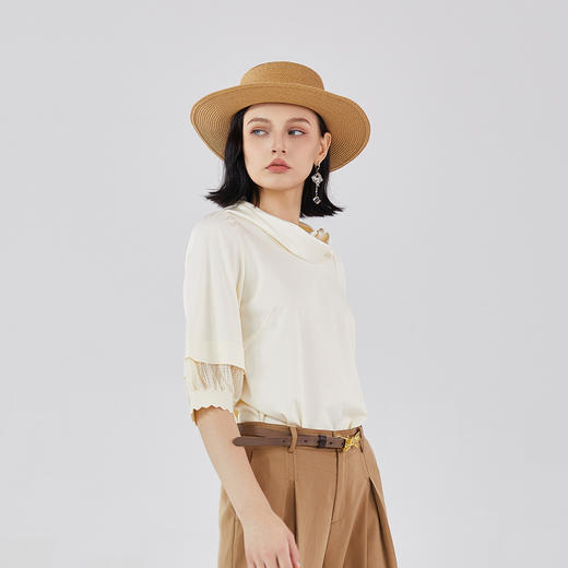 谜底拼接感T恤分袖女2023秋季新款时尚设计感系带领上衣233MT0001 商品图1