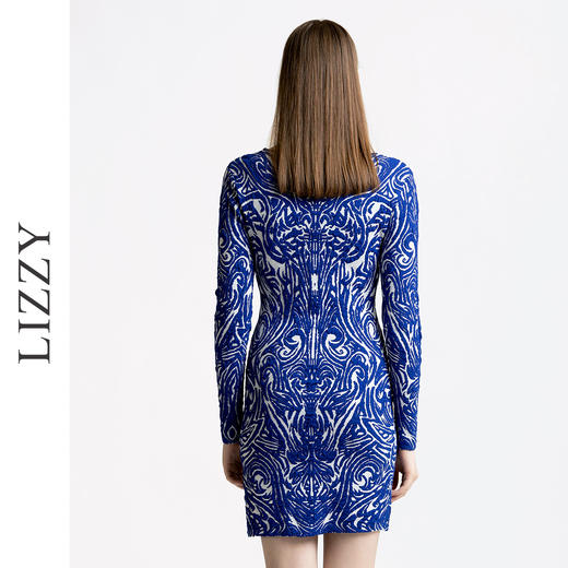LIZZY秋季时尚印花图案圆领紧身包臀针织连衣裙打底裙5963 商品图3
