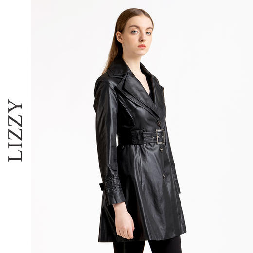 LIZZY优季帅气光泽感面料双层领收腰配腰带时尚OL长袖风衣外套女4522 商品图2