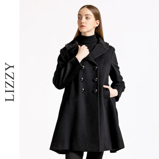 LIZZY优雅手工钉珠双排扣宽松羊毛混纺中长款大衣外套秋冬女3551 商品图2