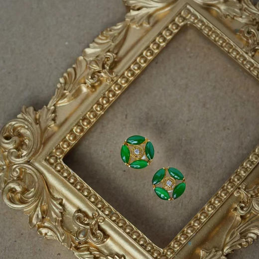 龢盒原创 18k金翡翠小花钱耳钉吊坠套 商品图0