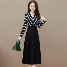 假两件高腰裙针织毛线拼结长款A字裙时尚连衣裙QYM-KED-63156-Y
