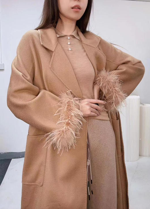 鸵鸟毛袖口咖啡色双面毛呢系带大衣外套 商品图0