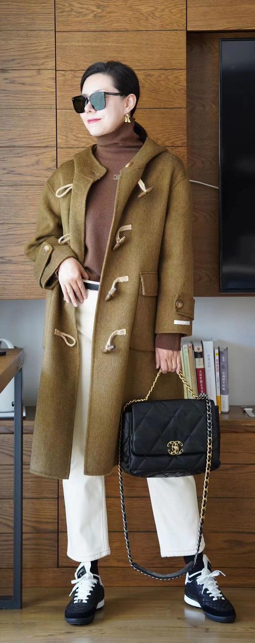 手工麻绳牛角扣复古大衣连帽款羊毛羊绒大衣 商品图3