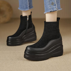 简约舒适，高跟防水台真皮拼接靴子MQE-G82-5