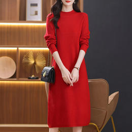秋冬女士红色中长款毛衣裙，新款好看宽松气质轻熟针织打底衫CC-103-2756