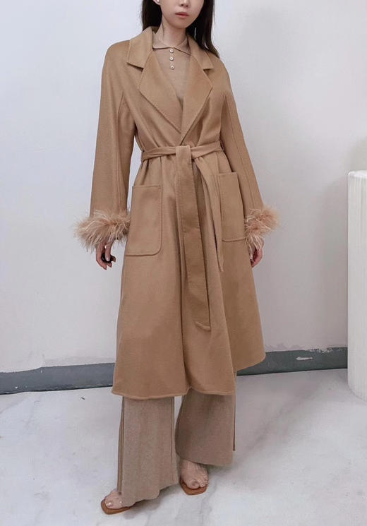 鸵鸟毛袖口咖啡色双面毛呢系带大衣外套 商品图4