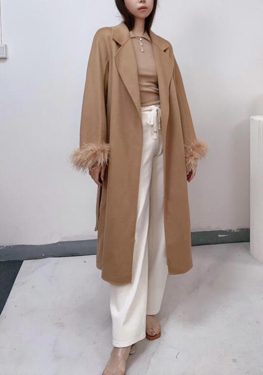 鸵鸟毛袖口咖啡色双面毛呢系带大衣外套 商品图5