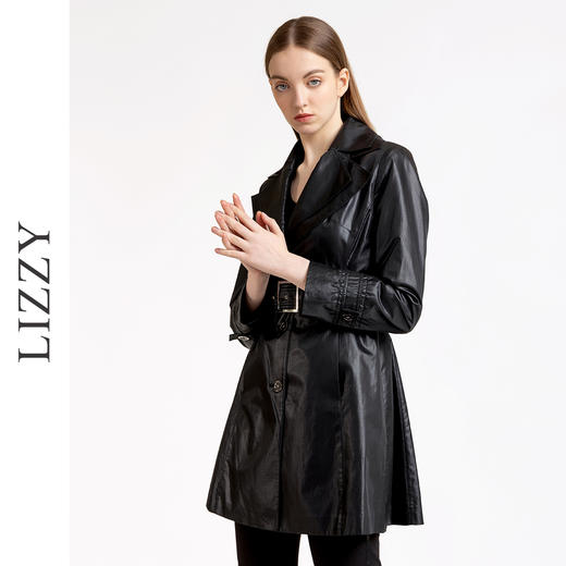 LIZZY优季帅气光泽感面料双层领收腰配腰带时尚OL长袖风衣外套女4522 商品图0