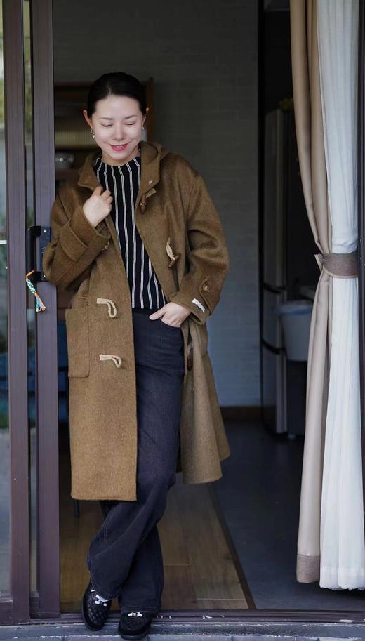 手工麻绳牛角扣复古大衣连帽款羊毛羊绒大衣 商品图5