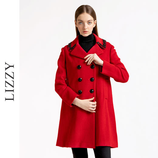 LIZZY优雅手工钉珠双排扣宽松羊毛混纺中长款大衣外套秋冬女3551 商品图0