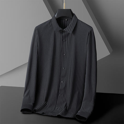 【超大码】【新款DM】大依优型高弹竖条纹封口长袖衬衫男宽松加肥加大码男士休闲商务衬衣上衣胖子 商品图2