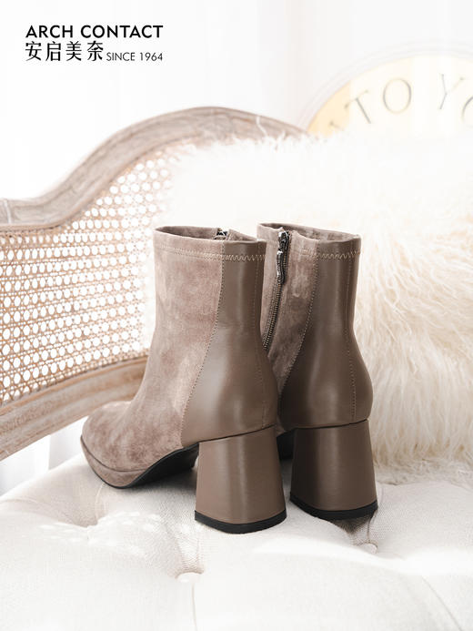 ARCHCONTACT安启美奈复古方头羊皮绒面粗跟弹力女靴52897-1 商品图4