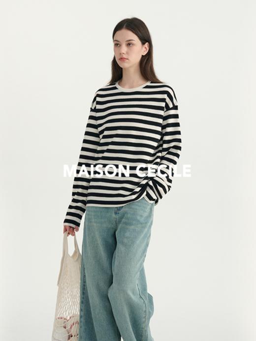 MAISON CECILE 真丝羊毛高紧实度卫衣男友风条纹针织衫 商品图1