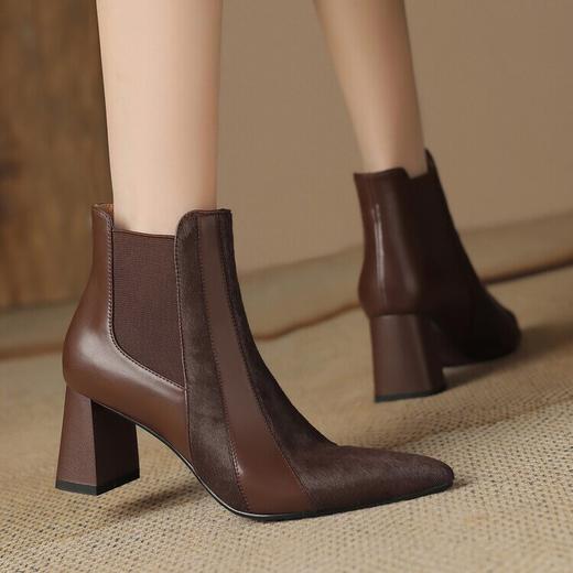 尖头粗跟马毛气质拼色高跟鞋，法式显瘦切尔西靴MBJR-646 商品图1