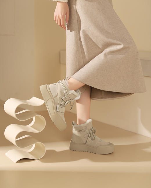 西村名物2023秋冬季新款加绒加厚防滑保暖女厚底面包鞋雪地靴真皮T23DS46161 商品图7