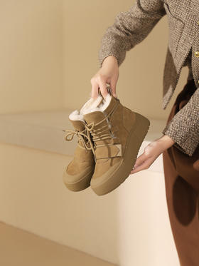 西村名物2023秋冬季新款加绒加厚防滑保暖女厚底面包鞋雪地靴真皮T23DS46161