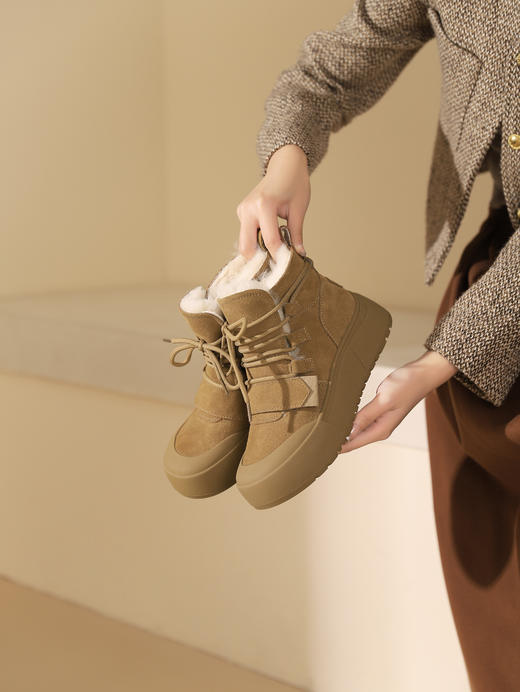 西村名物2023秋冬季新款加绒加厚防滑保暖女厚底面包鞋雪地靴真皮T23DS46161 商品图0