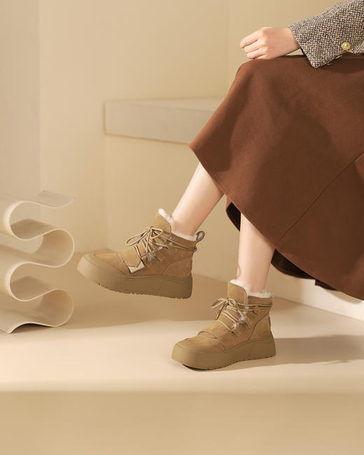 西村名物2023秋冬季新款加绒加厚防滑保暖女厚底面包鞋雪地靴真皮T23DS46161 商品图1