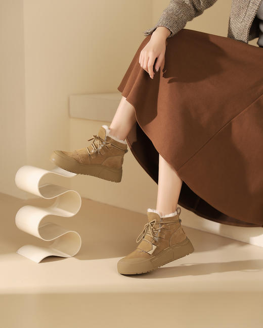 西村名物2023秋冬季新款加绒加厚防滑保暖女厚底面包鞋雪地靴真皮T23DS46161 商品图5