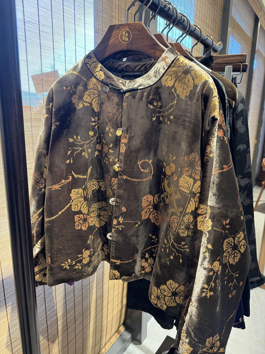 盛唐牡丹 |金棕色丝绒烫金双面穿外套 (不夹棉） 商品图0
