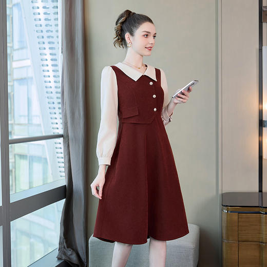 奢姿2024年秋季新冬大码女装翻领撞色裙子胖mm复古钉珠时尚连衣裙9934891135 商品图1