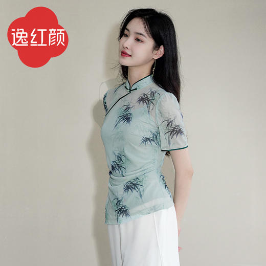 逸红颜竹青2025夏季新款旗旗袍上衣网布弹力针织印花改良中式上衣 商品图2